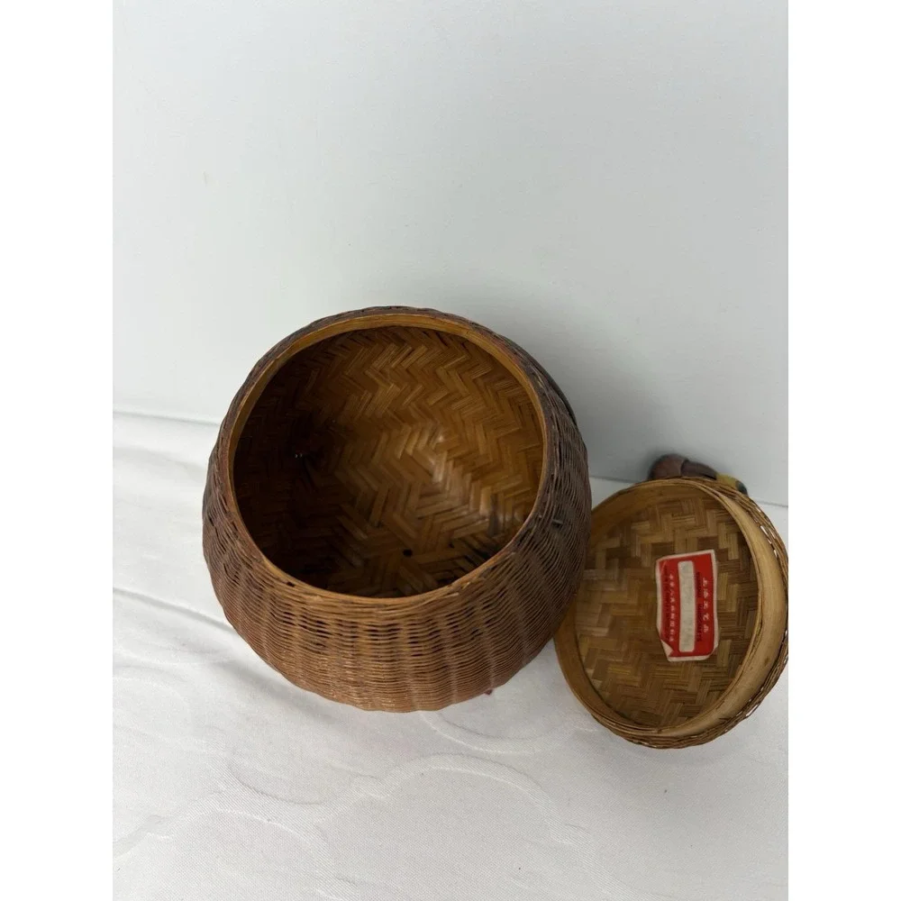 Vintage Wicker Bamboo Duck Basket with Lid Storage Trinket Hand Crafted Rare 40s